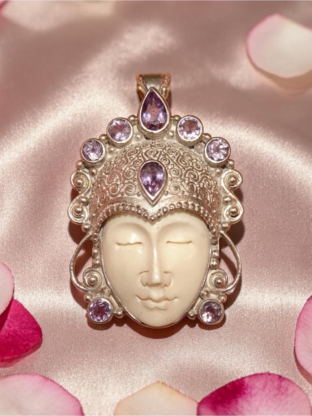 HUGE Sterling Carved B one & Amethyst Lady Ring